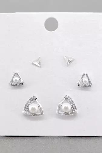 splendid traingle shape cz brass silver plated set of 3 combo stud earring for women and girls