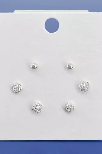 stylish round shape cz brass silver plated set of 3 combo stud earring for women and girls