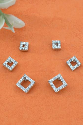 superb traingle shape cz brass silver plated set of 3 combo stud earring for women and girls