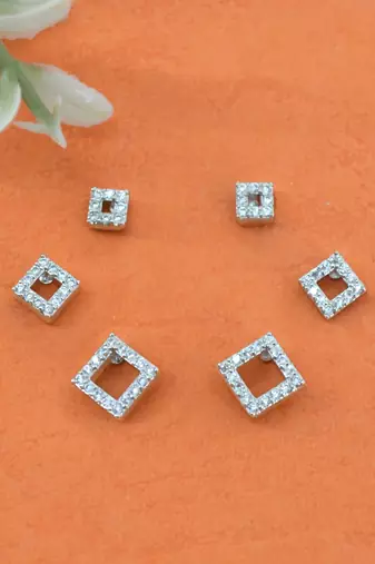 superb traingle shape cz brass silver plated set of 3 combo stud earring for women and girls
