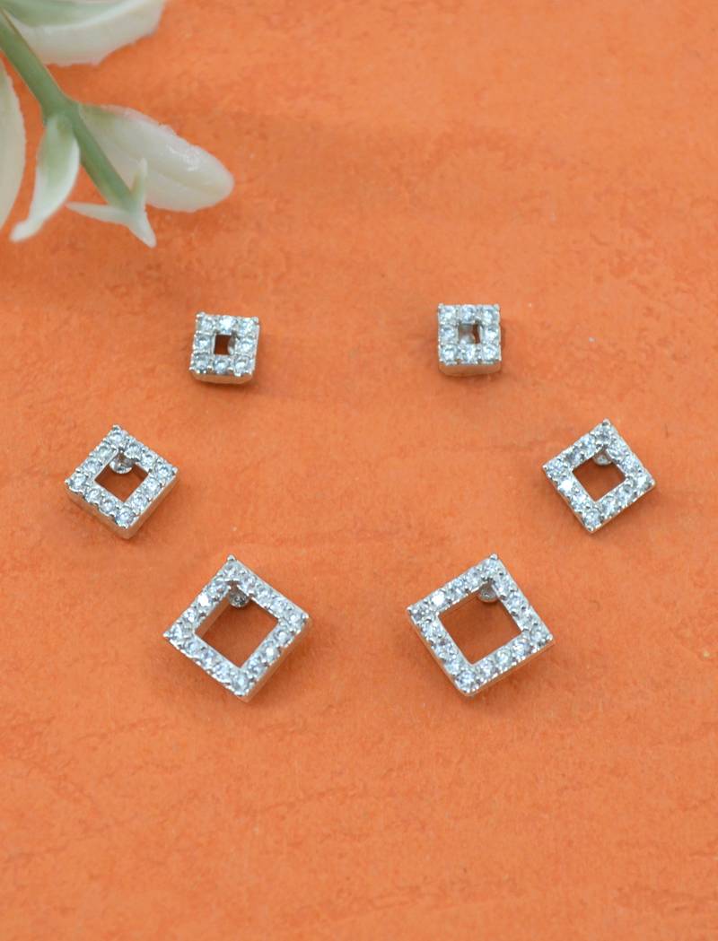 superb traingle shape cz brass silver plated set of 3 combo stud earring for women and girls