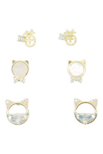 trendy round shape cz brass gold plated set of 3 combo stud earring for women and girls