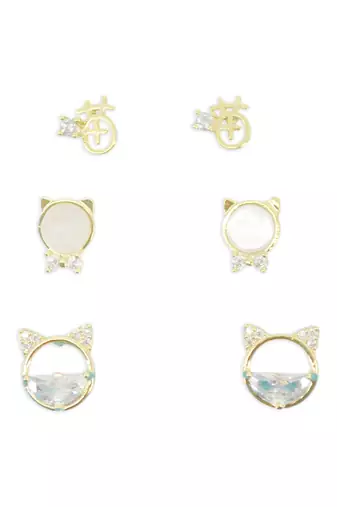 trendy round shape cz brass gold plated set of 3 combo stud earring for women and girls