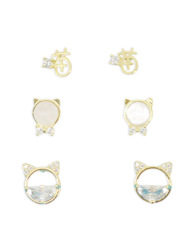 trendy round shape cz brass gold plated set of 3 combo stud earring for women and girls