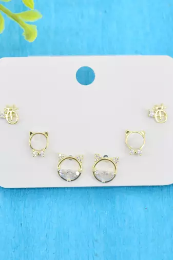 trendy round shape cz brass gold plated set of 3 combo stud earring for women and girls
