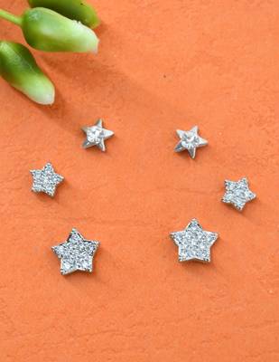 fine star design cz brass silver plated set of 3 combo stud earring for women and girls 1