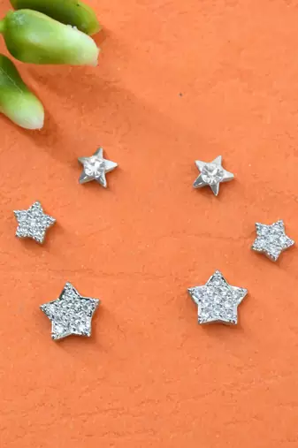 fine star design cz brass silver plated set of 3 combo stud earring for women and girls
