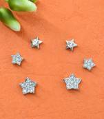 fine star design cz brass silver plated set of 3 combo stud earring for women and girls