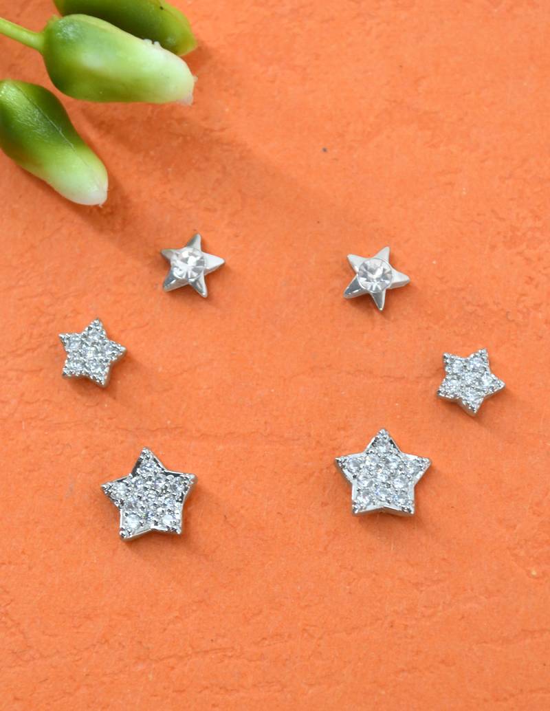 fine star design cz brass silver plated set of 3 combo stud earring for women and girls