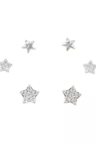 fine star design cz brass silver plated set of 3 combo stud earring for women and girls
