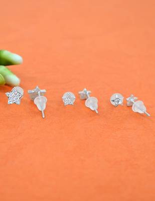 fine star design cz brass silver plated set of 3 combo stud earring for women and girls 3