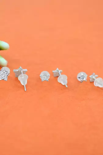 fine star design cz brass silver plated set of 3 combo stud earring for women and girls