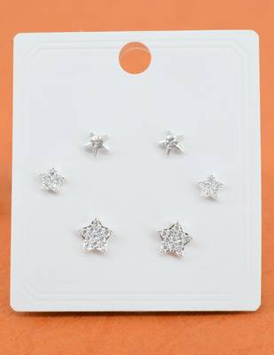 fine star design cz brass silver plated set of 3 combo stud earring for women and girls 4