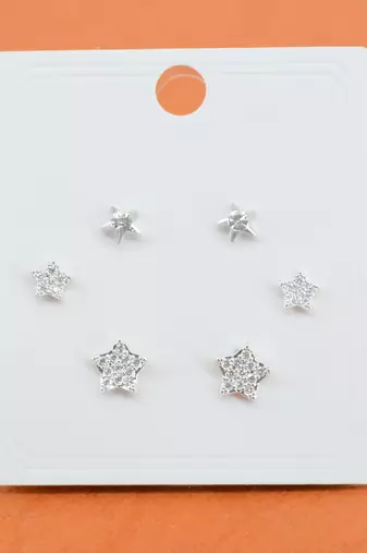 fine star design cz brass silver plated set of 3 combo stud earring for women and girls