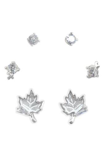 finely round and leaf design cz brass silver plated set of 3 combo stud earring for women and girls
