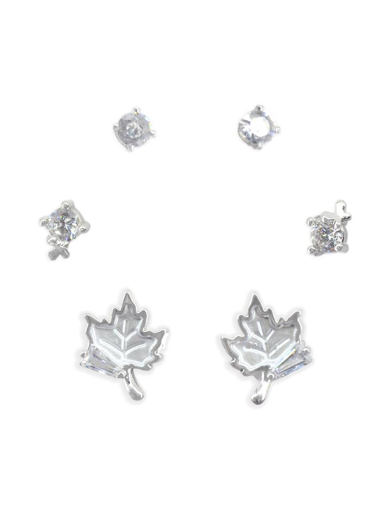 finely round and leaf design cz brass silver plated set of 3 combo stud earring for women and girls