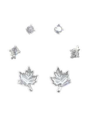 finely round and leaf design cz brass silver plated set of 3 combo stud earring for women and girls 3