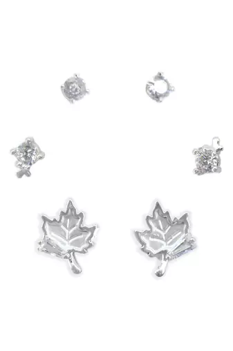 finely round and leaf design cz brass silver plated set of 3 combo stud earring for women and girls