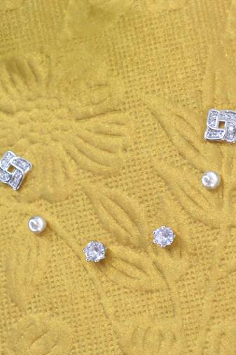 flowing round shape cz brass silver plated set of 3 combo stud earring for women and girls