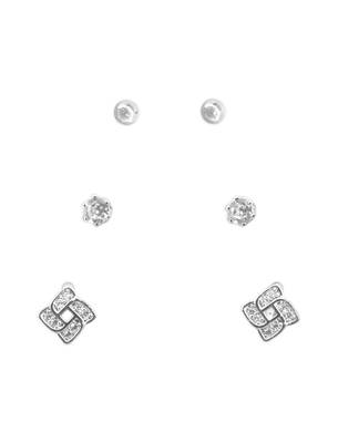 flowing round shape cz brass silver plated set of 3 combo stud earring for women and girls 2