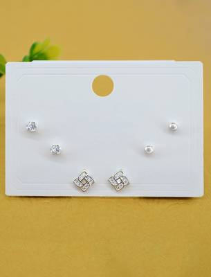 flowing round shape cz brass silver plated set of 3 combo stud earring for women and girls 4