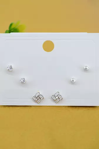 flowing round shape cz brass silver plated set of 3 combo stud earring for women and girls