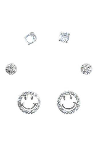 lavish round and smiley shape cz brass silver plated set of 3 combo stud earring for women and girls
