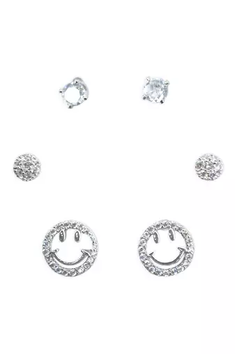 lavish round and smiley shape cz brass silver plated set of 3 combo stud earring for women and girls