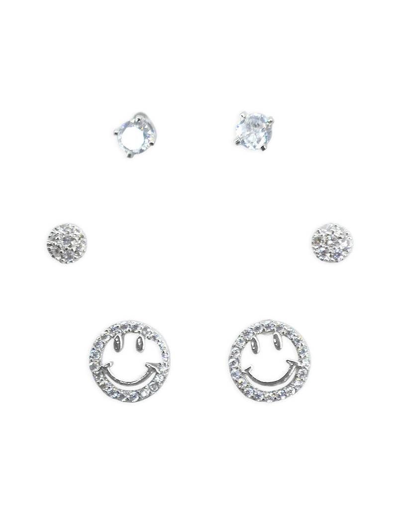lavish round and smiley shape cz brass silver plated set of 3 combo stud earring for women and girls