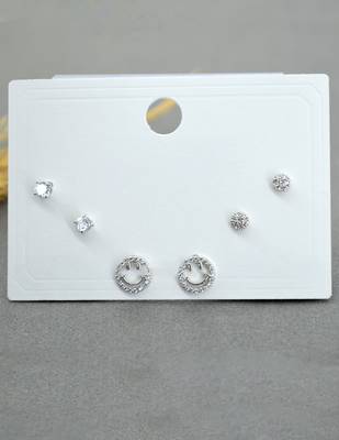 lavish round and smiley shape cz brass silver plated set of 3 combo stud earring for women and girls 3