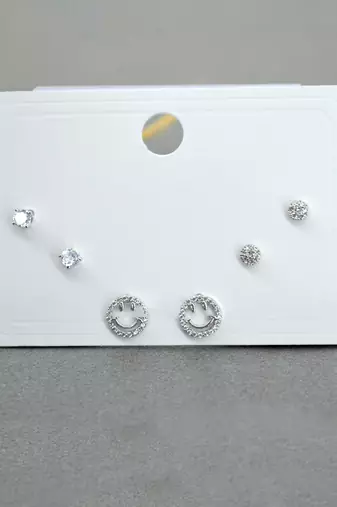 lavish round and smiley shape cz brass silver plated set of 3 combo stud earring for women and girls