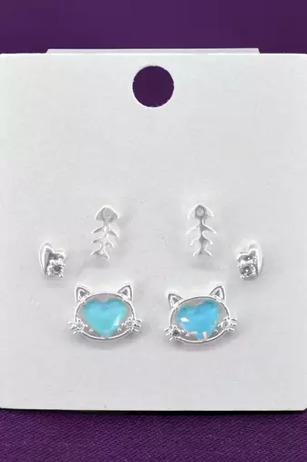 modern heart shape cz brass silver plated set of 3 combo stud earring for women and girls