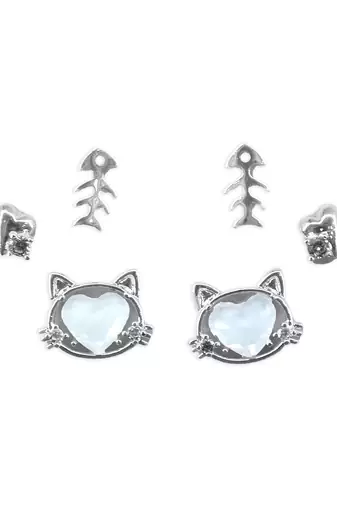 modish heart shape cz brass silver plated set of 3 combo stud earring for women and girls