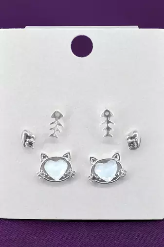 modish heart shape cz brass silver plated set of 3 combo stud earring for women and girls