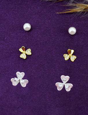 pleasant flower shape pearl brass silver plated set of 3 combo stud earring for women and girls 1