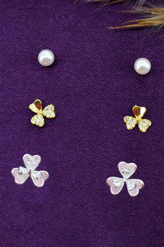 pleasant flower shape pearl brass silver plated set of 3 combo stud earring for women and girls