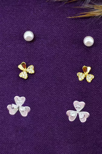 pleasant flower shape pearl brass silver plated set of 3 combo stud earring for women and girls