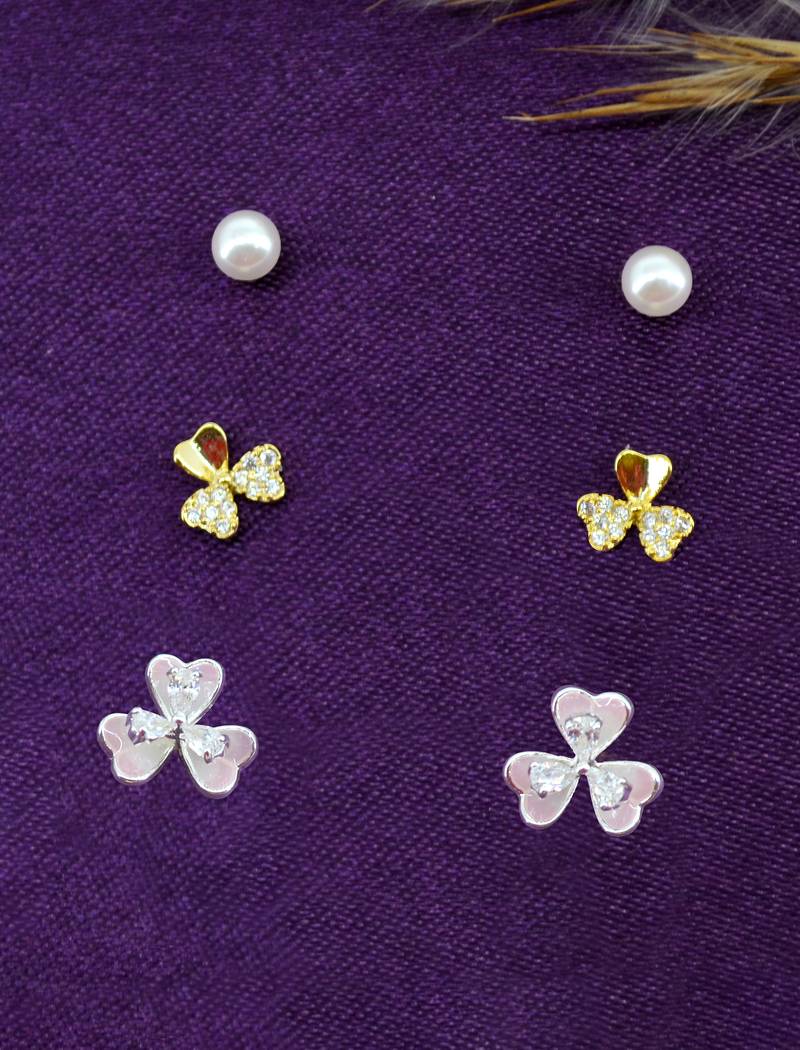 pleasant flower shape pearl brass silver plated set of 3 combo stud earring for women and girls