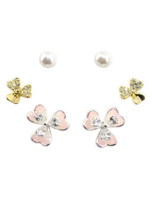 pleasant flower shape pearl brass silver plated set of 3 combo stud earring for women and girls 2