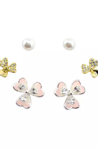 pleasant flower shape pearl brass silver plated set of 3 combo stud earring for women and girls
