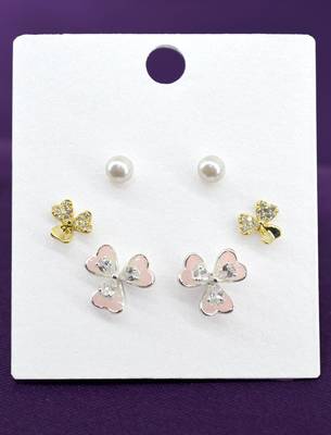 pleasant flower shape pearl brass silver plated set of 3 combo stud earring for women and girls 3