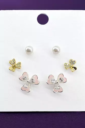 pleasant flower shape pearl brass silver plated set of 3 combo stud earring for women and girls