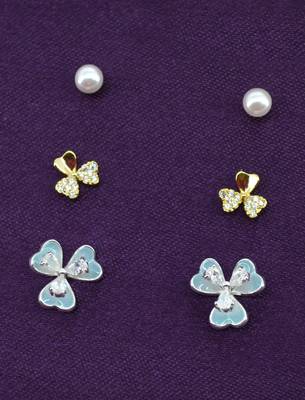 flower shape pearl brass silver and gold plated set of 3 combo stud earring for women and girls 1