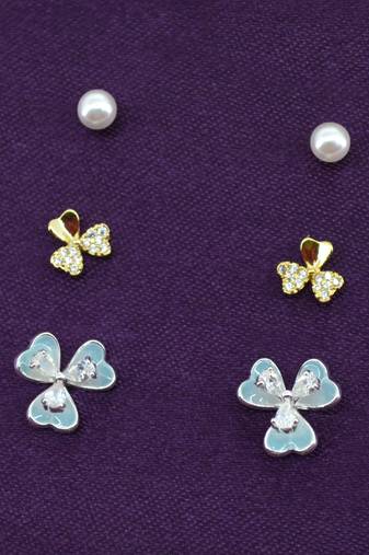 flower shape pearl brass silver and gold plated set of 3 combo stud earring for women and girls