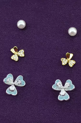 flower shape pearl brass silver and gold plated set of 3 combo stud earring for women and girls