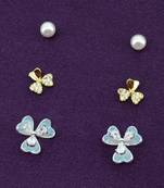 flower shape pearl brass silver and gold plated set of 3 combo stud earring for women and girls