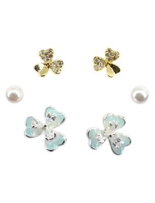 flower shape pearl brass silver and gold plated set of 3 combo stud earring for women and girls 2