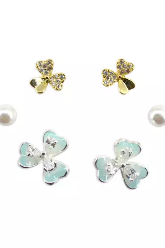 flower shape pearl brass silver and gold plated set of 3 combo stud earring for women and girls