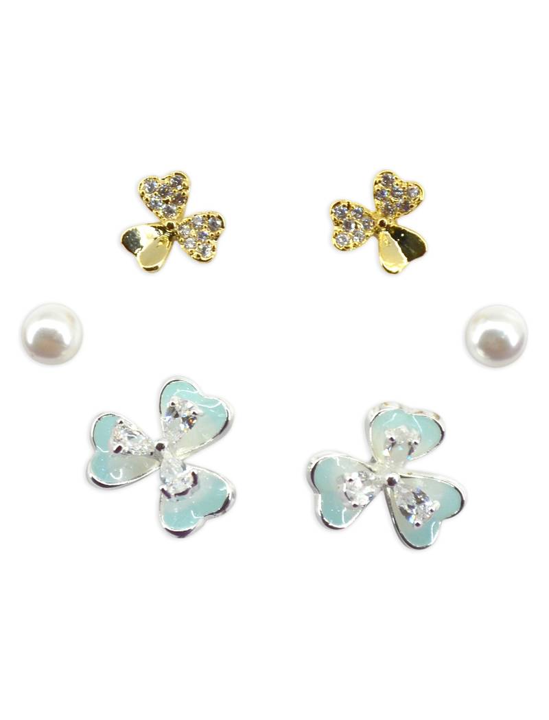 flower shape pearl brass silver and gold plated set of 3 combo stud earring for women and girls