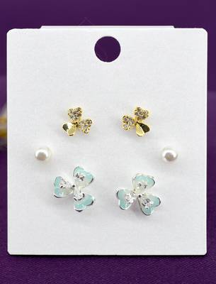 flower shape pearl brass silver and gold plated set of 3 combo stud earring for women and girls 3
